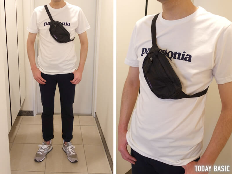 パタゴニアの軽量バッグ「ライトウェイト・ミニヒップバッグ」収納例。サイズ感や着用写真をブログレポート